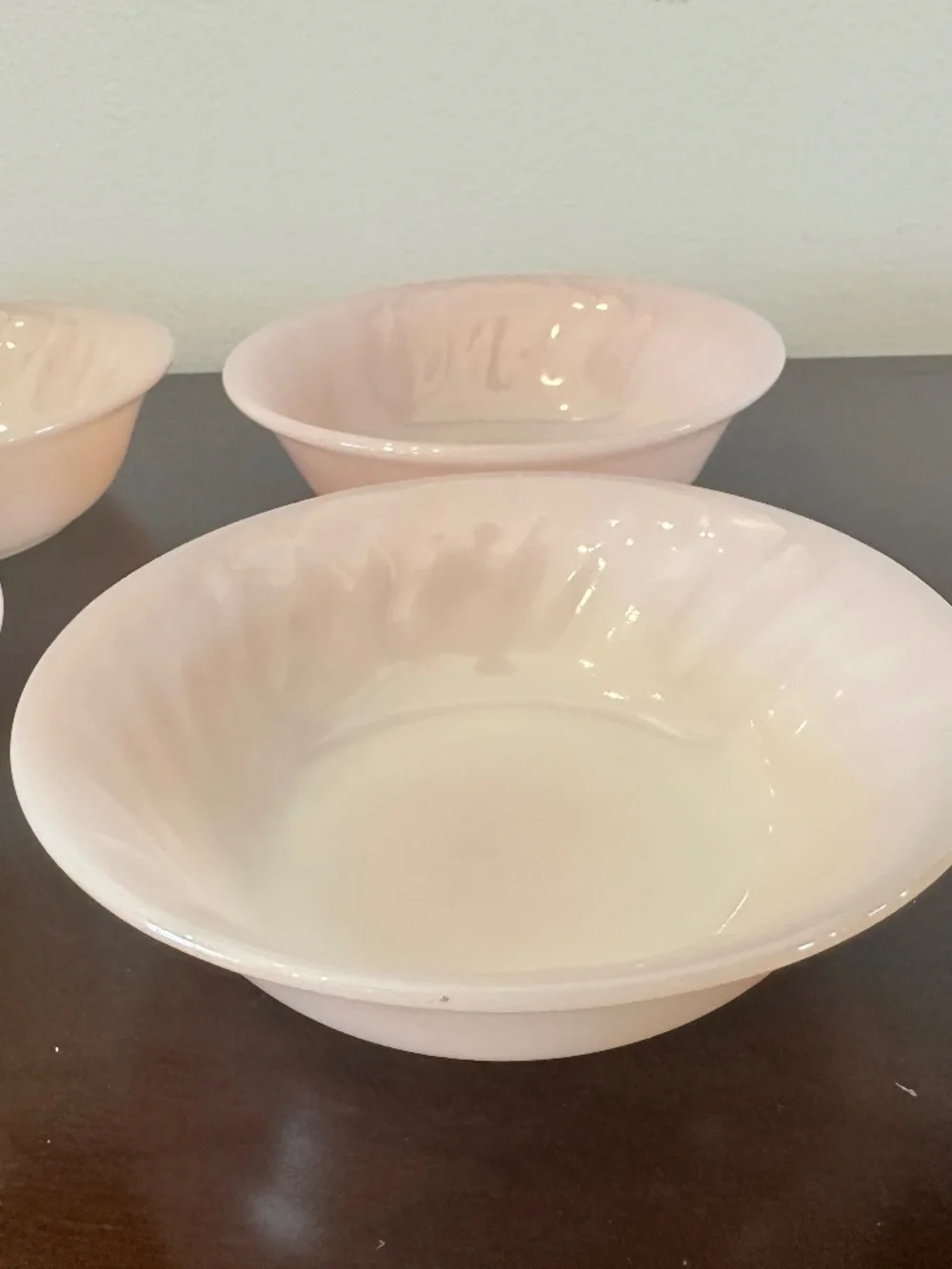 Fire King Oven Ware Lot Vintage 1950s USA 6 Dessert Berry Bowls Pink Swirl